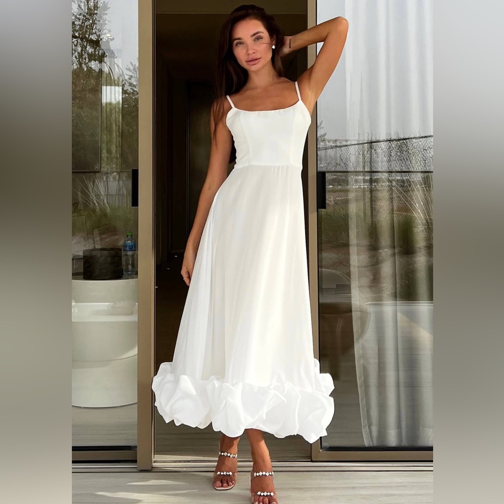 Post Meridiem’s Flounce Bustier Midi Dress in color Milk (white), size L